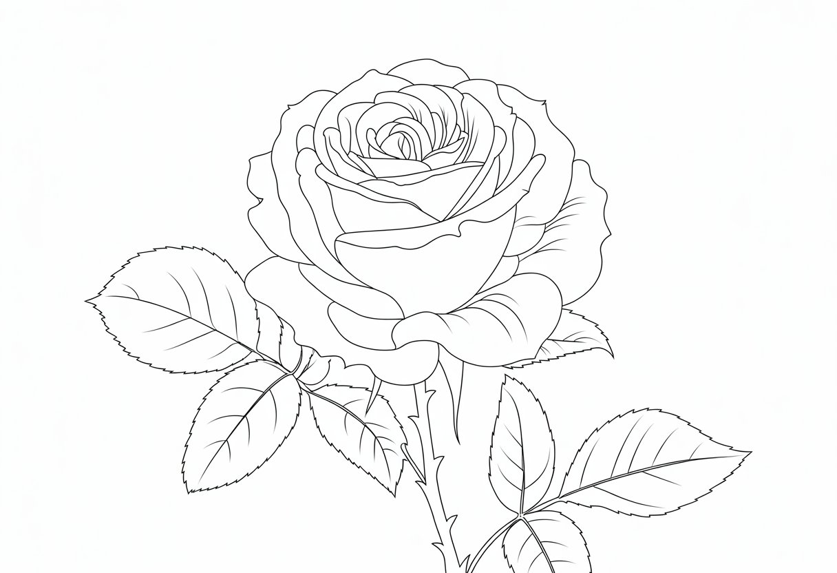 A detailed drawing of a blooming rose with leaves and a stem.