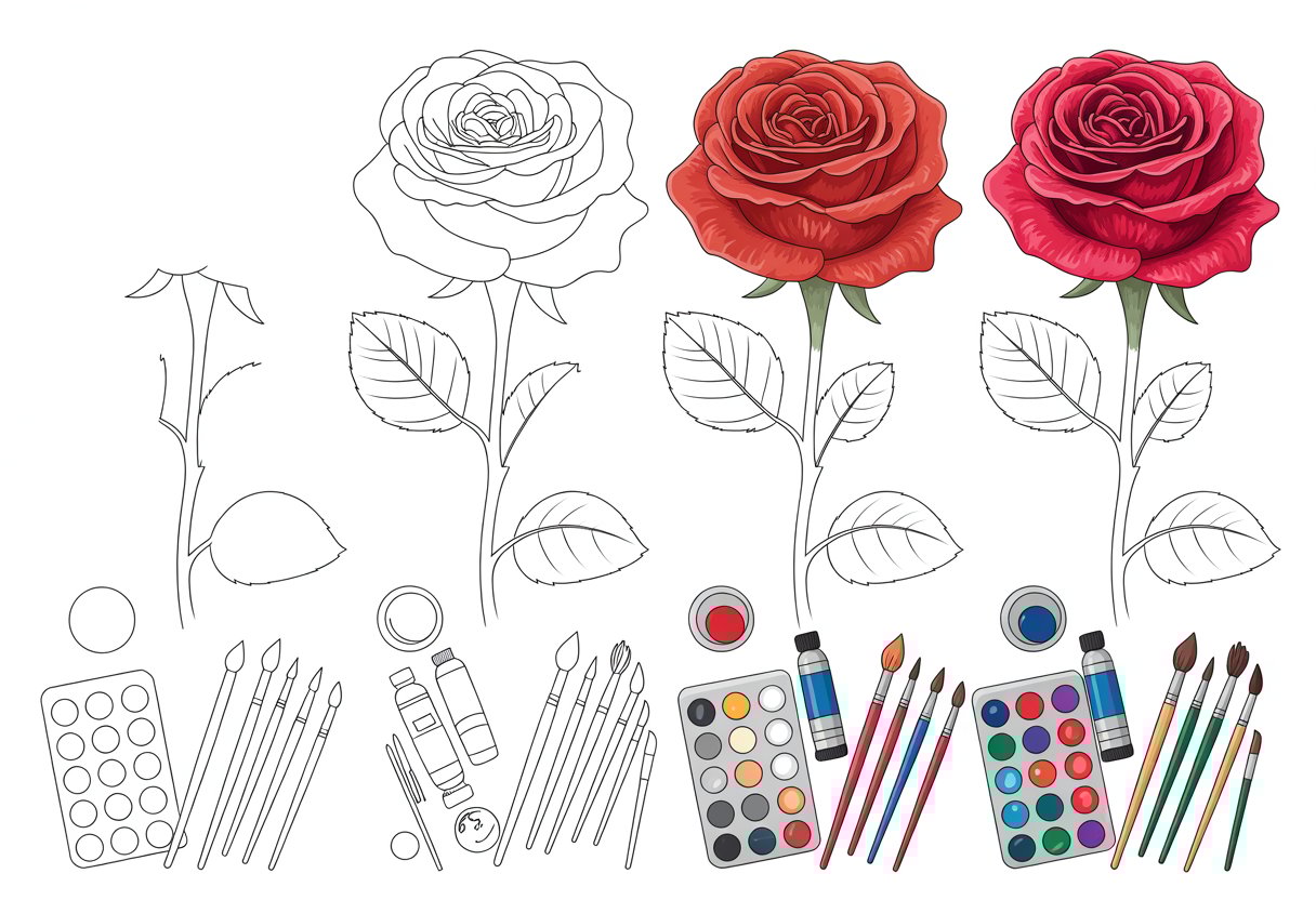 A detailed drawing showing art supplies and the step-by-step stages of painting a red rose.