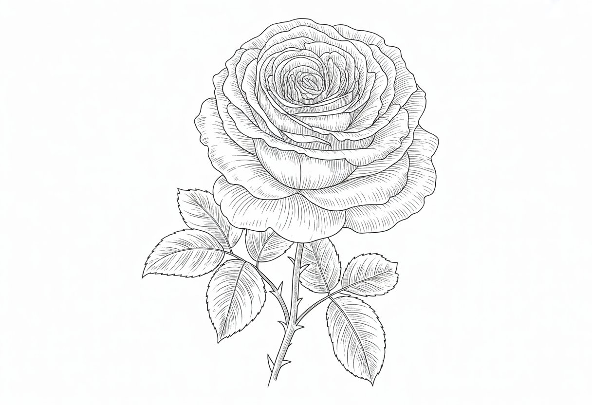A detailed drawing of a blooming rose with leaves and a stem.