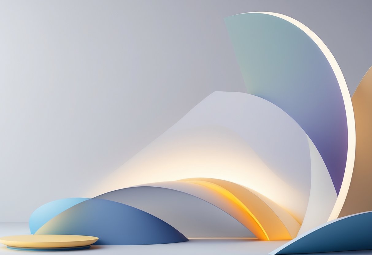 An abstract wallpaper with smooth gradients and geometric shapes in soft neutral and muted colors.
