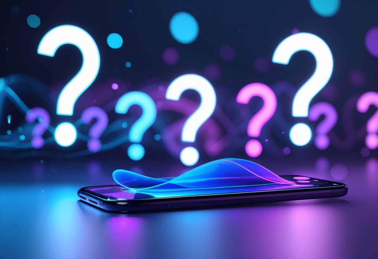 Abstract vibrant wallpaper with glowing question mark shapes and smooth gradients in blue, purple, and cyan tones.