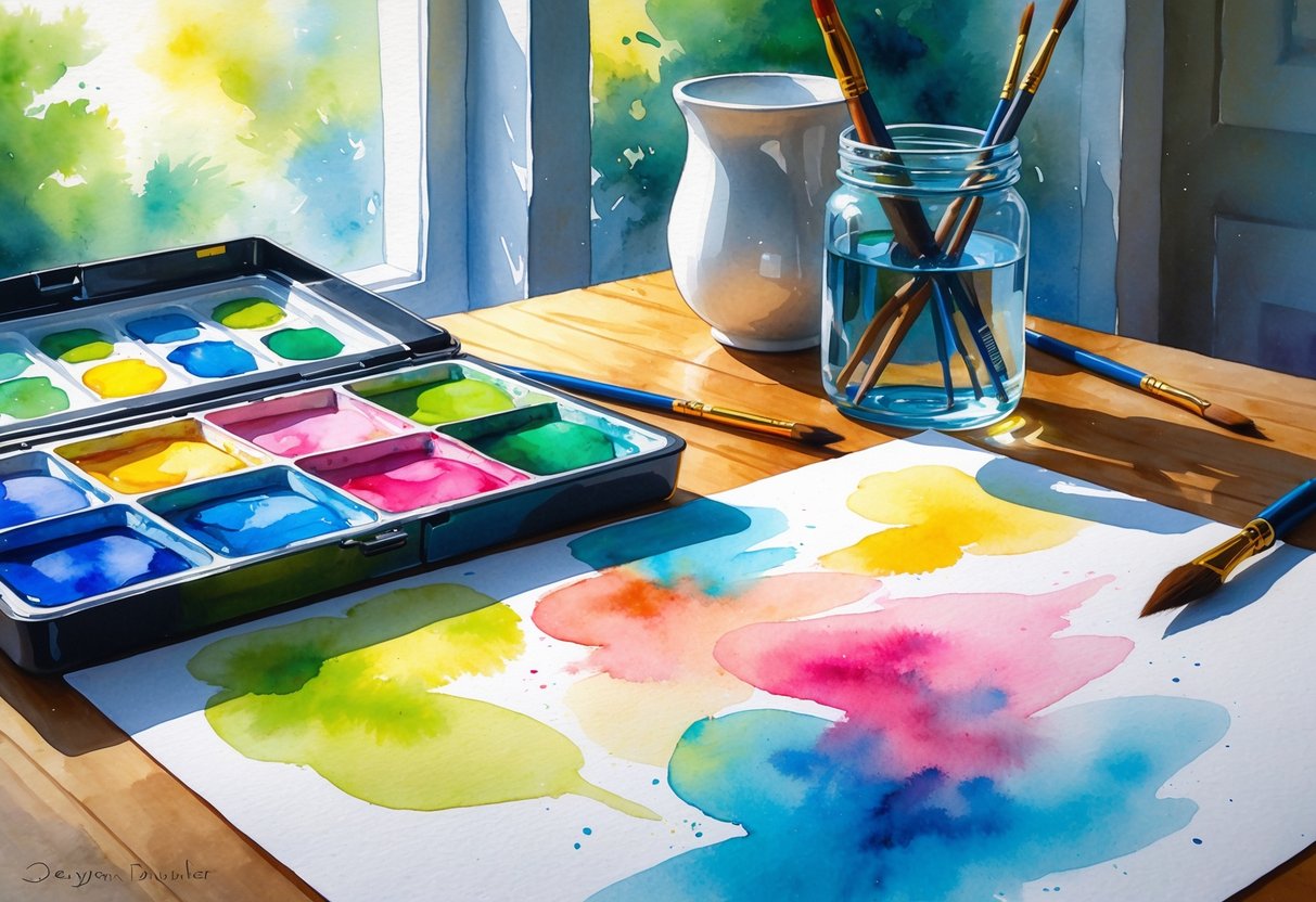 An artist's workspace with watercolor paints, brushes, a glass of water, and a partially painted sheet on a wooden table near a window with natural light.