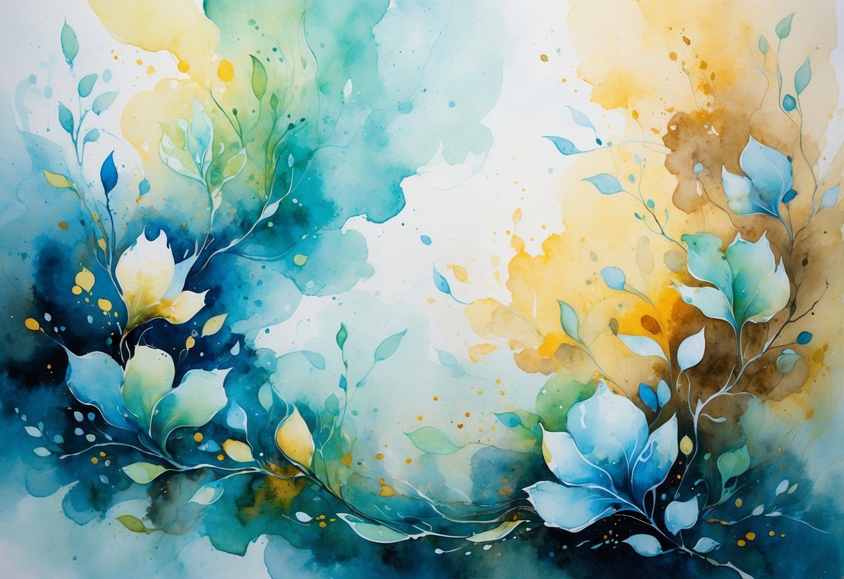 A peaceful scene with abstract shapes resembling leaves, petals, and water ripples in soft blues, greens, yellows, and browns.