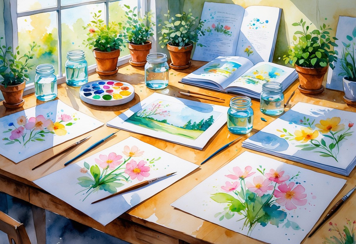 A cozy artist's workspace with watercolor brushes, paint palettes, paper with sketches, potted plants, and art books near a window with natural light.