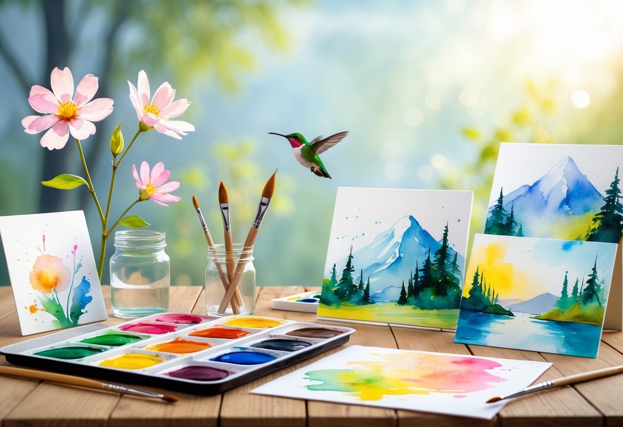 A table with watercolor paints, brushes, and simple beginner watercolor paintings of flowers, a hummingbird, and a mountain landscape.