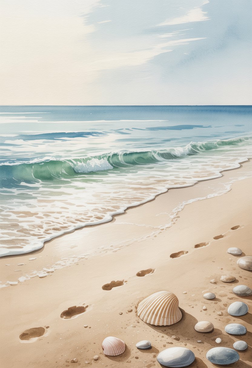 A peaceful beach with gentle waves, sandy shore, scattered seashells, and a clear sky.