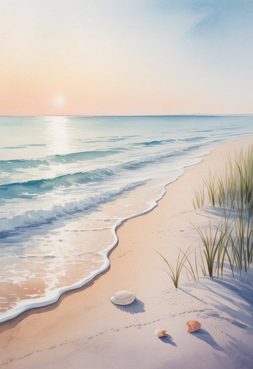 A calm beach with pale sand, gentle waves, seashells, and beach grass under a soft pastel sky.
