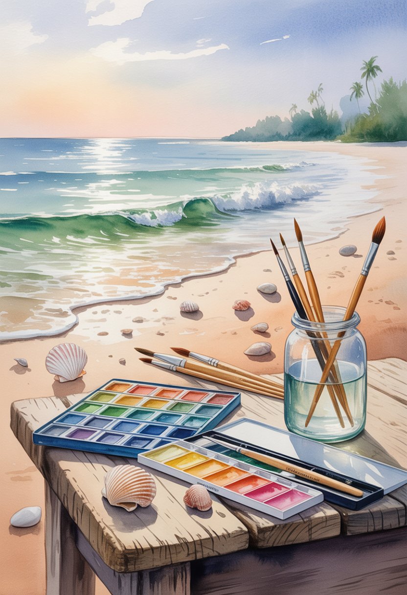 A peaceful beach with gentle waves, seashells on the sand, and painting supplies including brushes, a palette, and water jar on a wooden table by the shore.