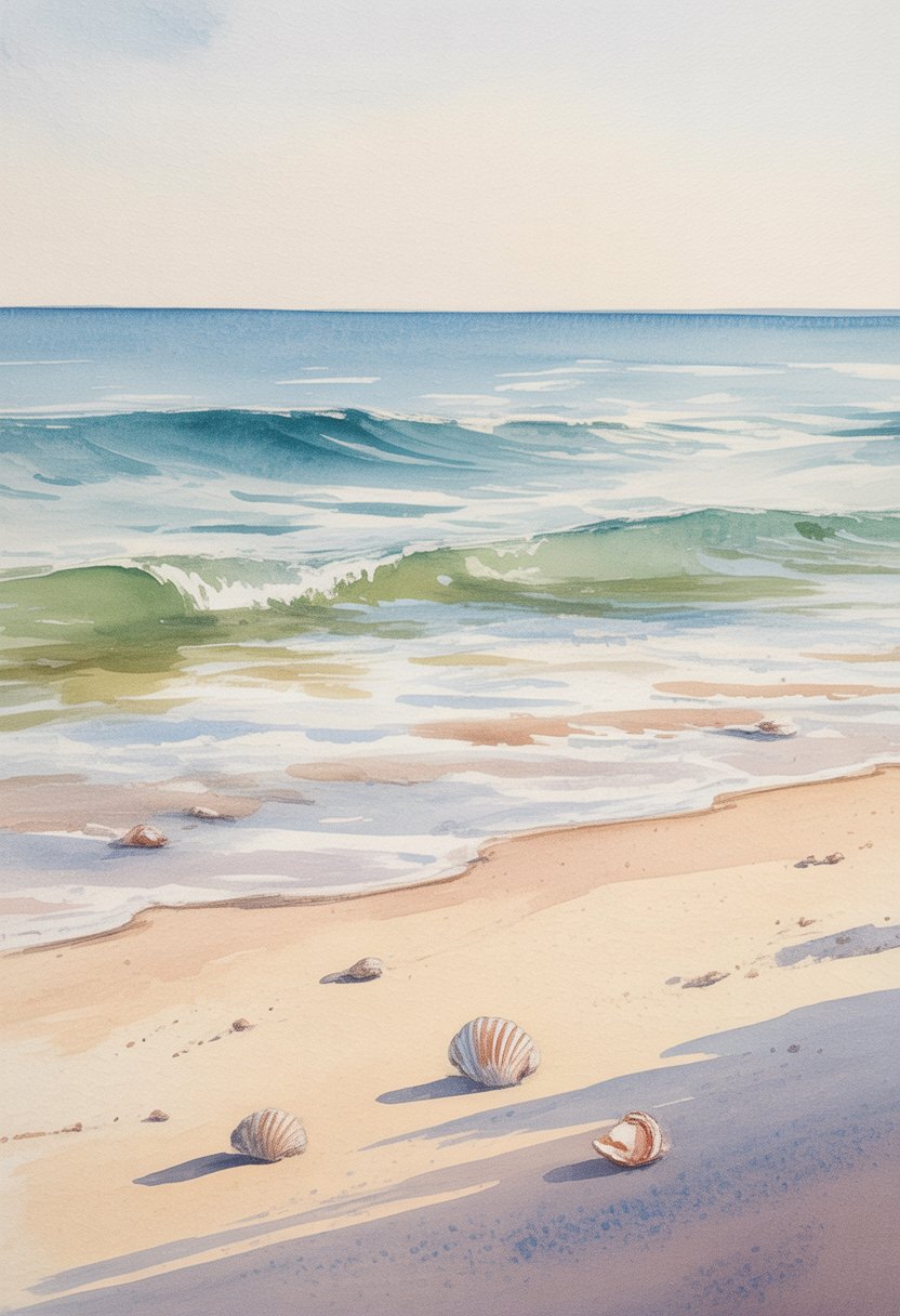 A peaceful beach with gentle waves, sandy shore, scattered seashells, and a calm sky.