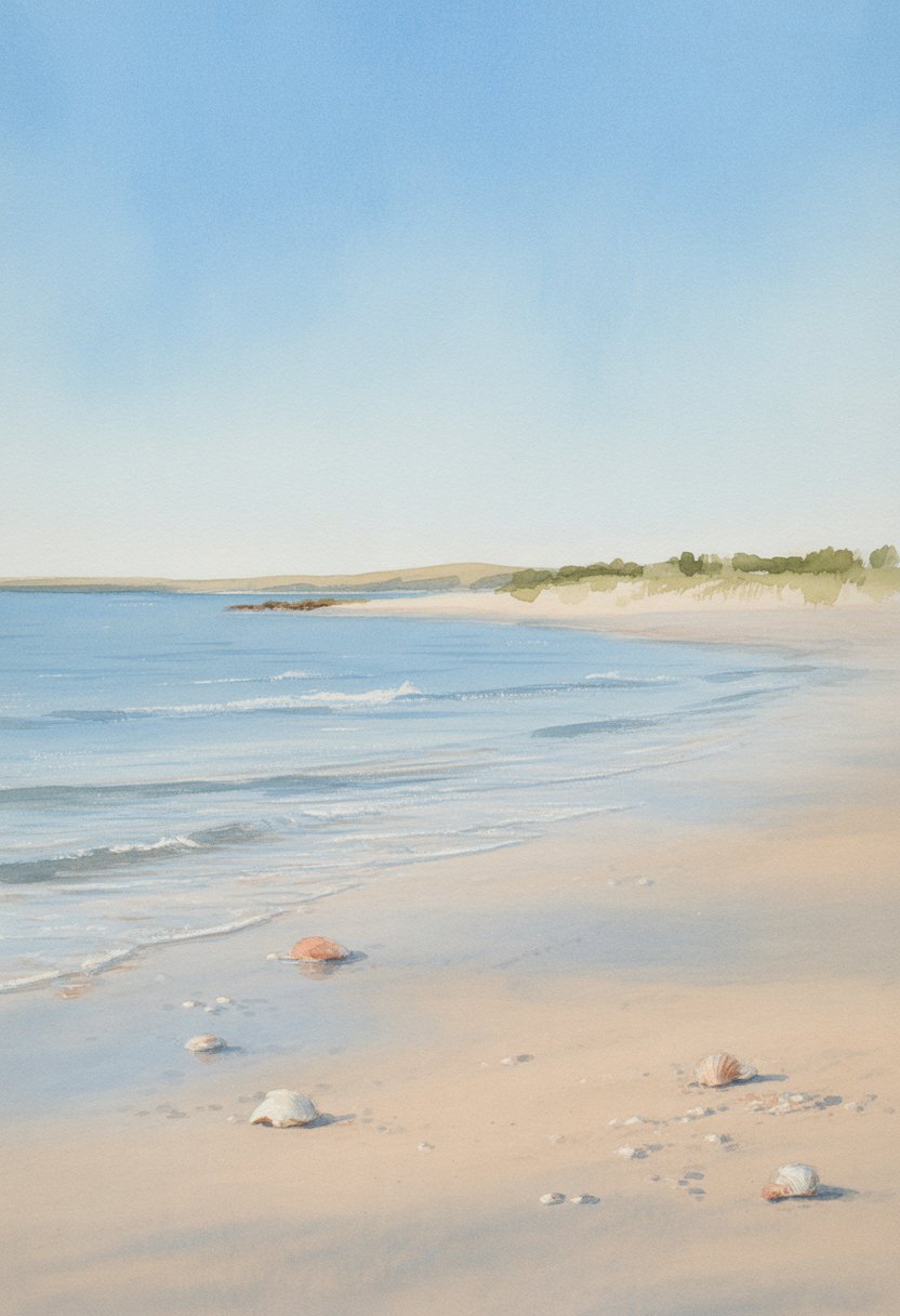 A peaceful beach with gentle waves, sandy shore, seashells, and a clear sky.
