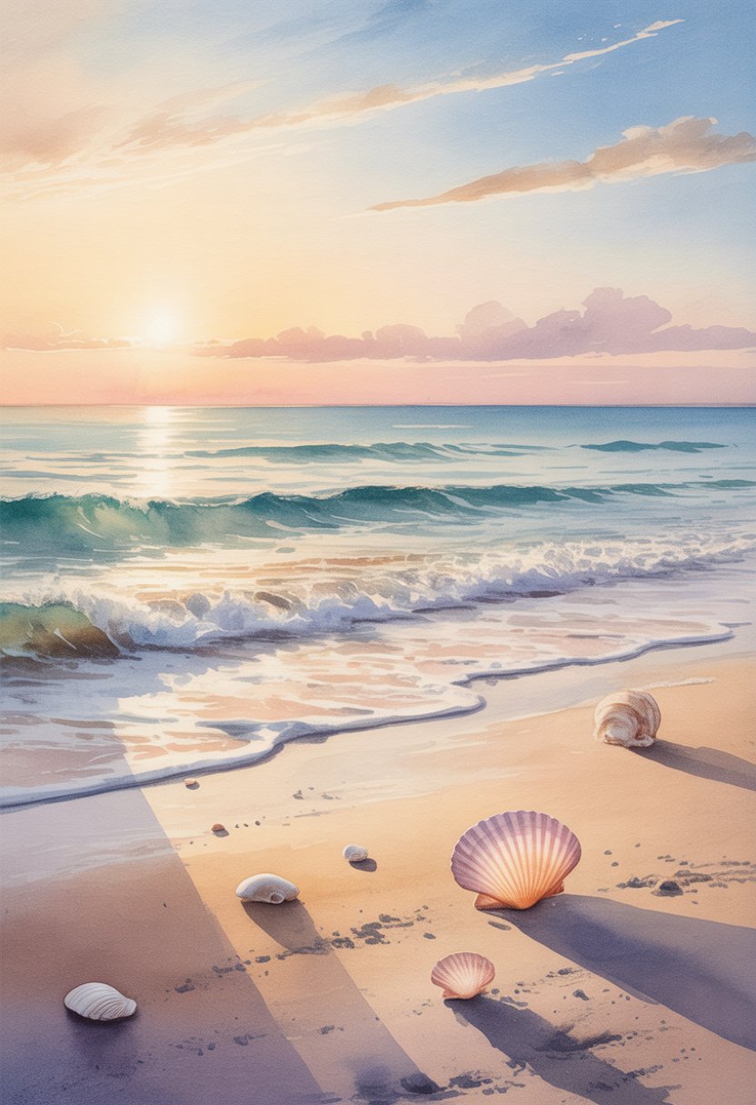 A peaceful beach with gentle waves, sandy shore, seashells, and a colorful sky at sunrise or sunset.