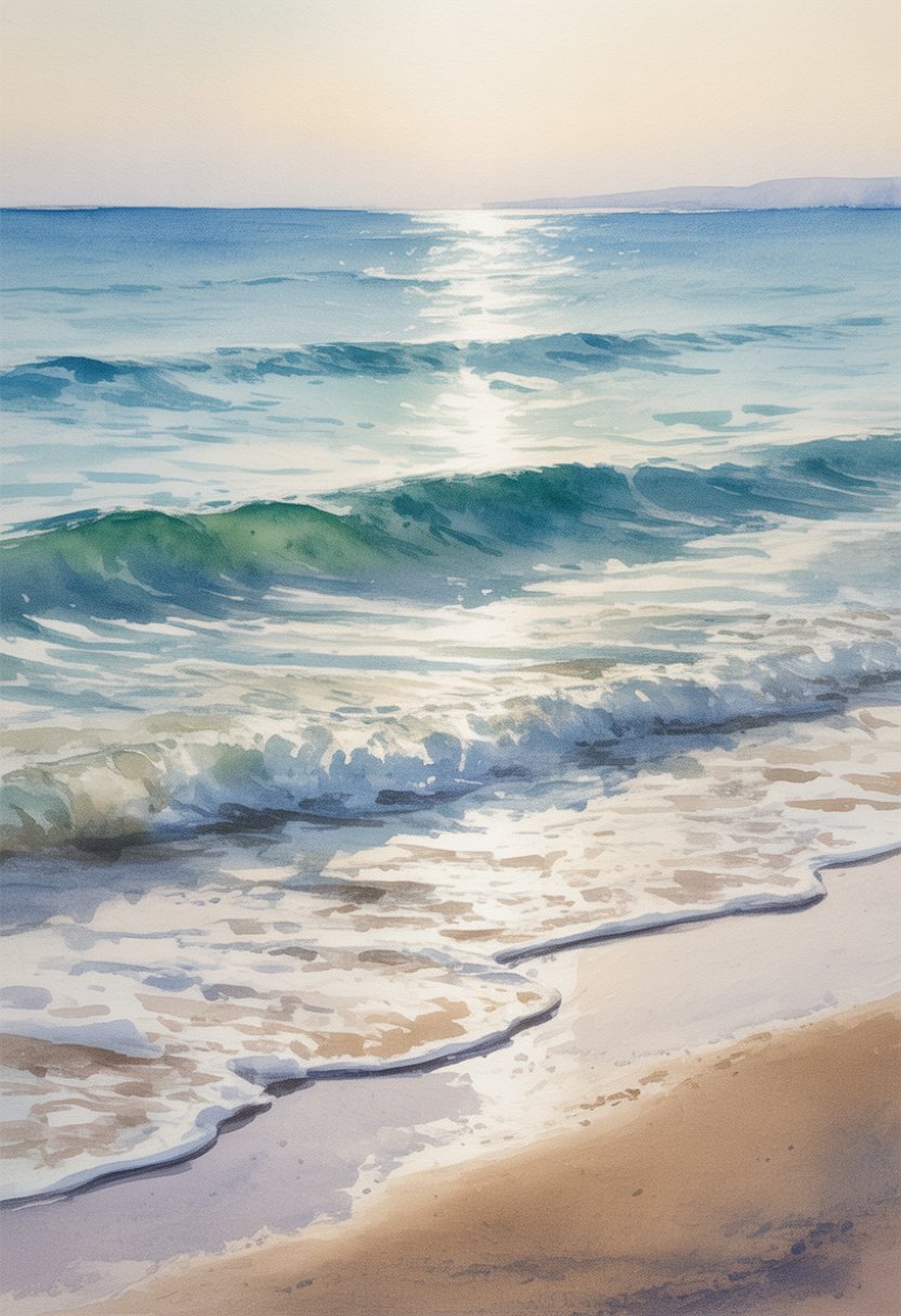 A peaceful beach with gentle waves rolling onto the shore under a calm sky.