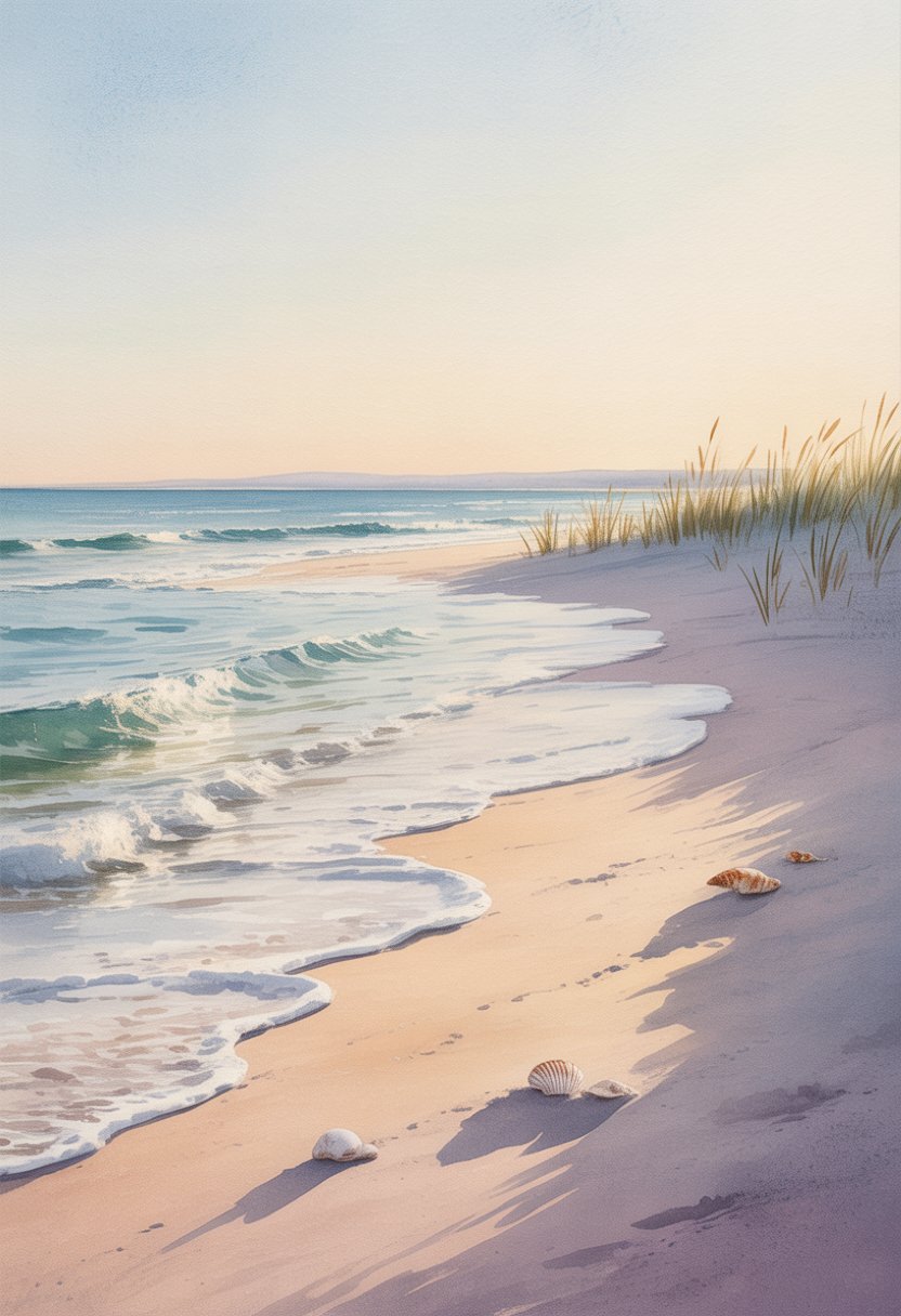 A peaceful beach with gentle waves, sandy shore, seashells, and beach grass under a soft sky.