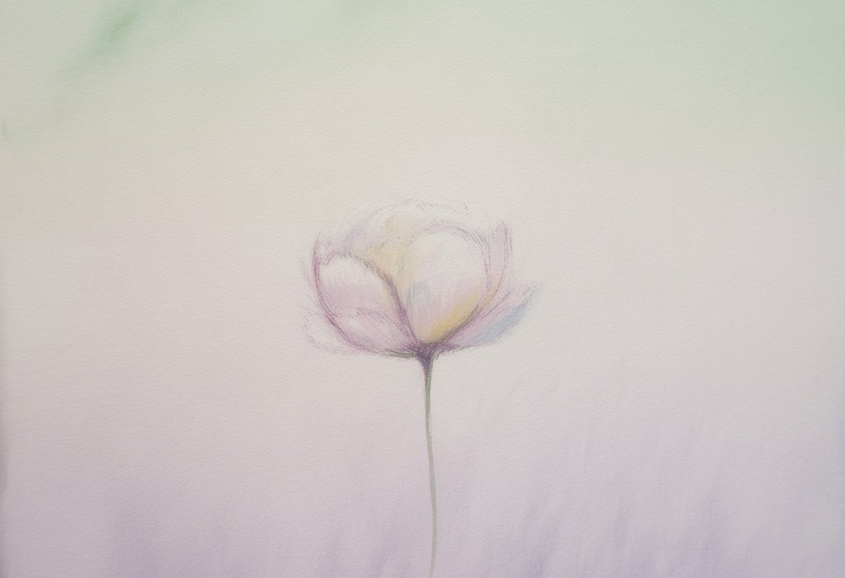 A single blooming flower with soft pastel colors on a light background.