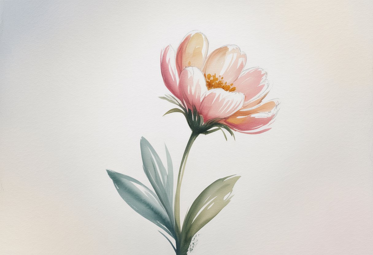 A single blooming flower with soft petals and leaves on a light background.