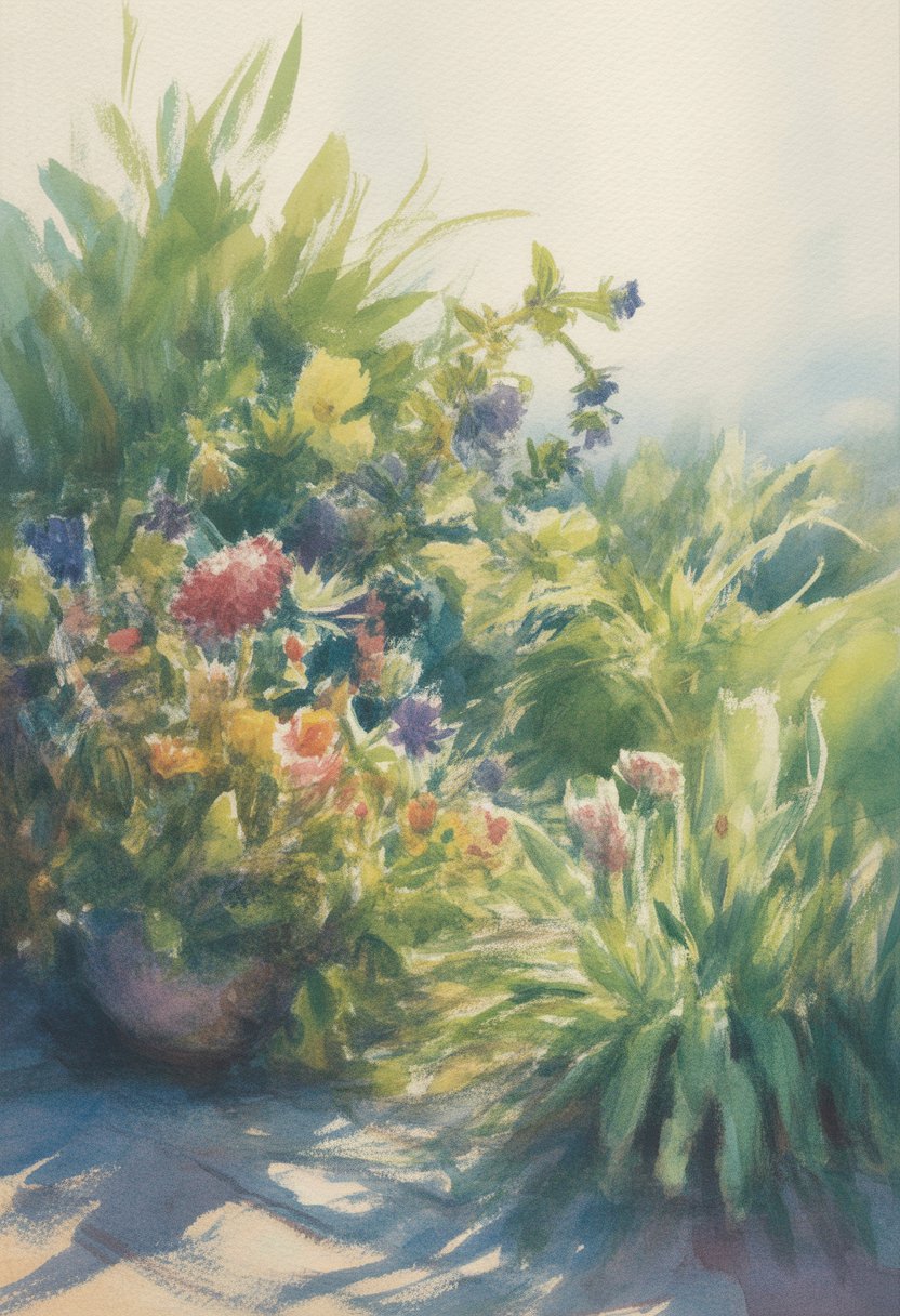 A colorful scene of flowers and green plants in a bright outdoor setting with soft light and open space.