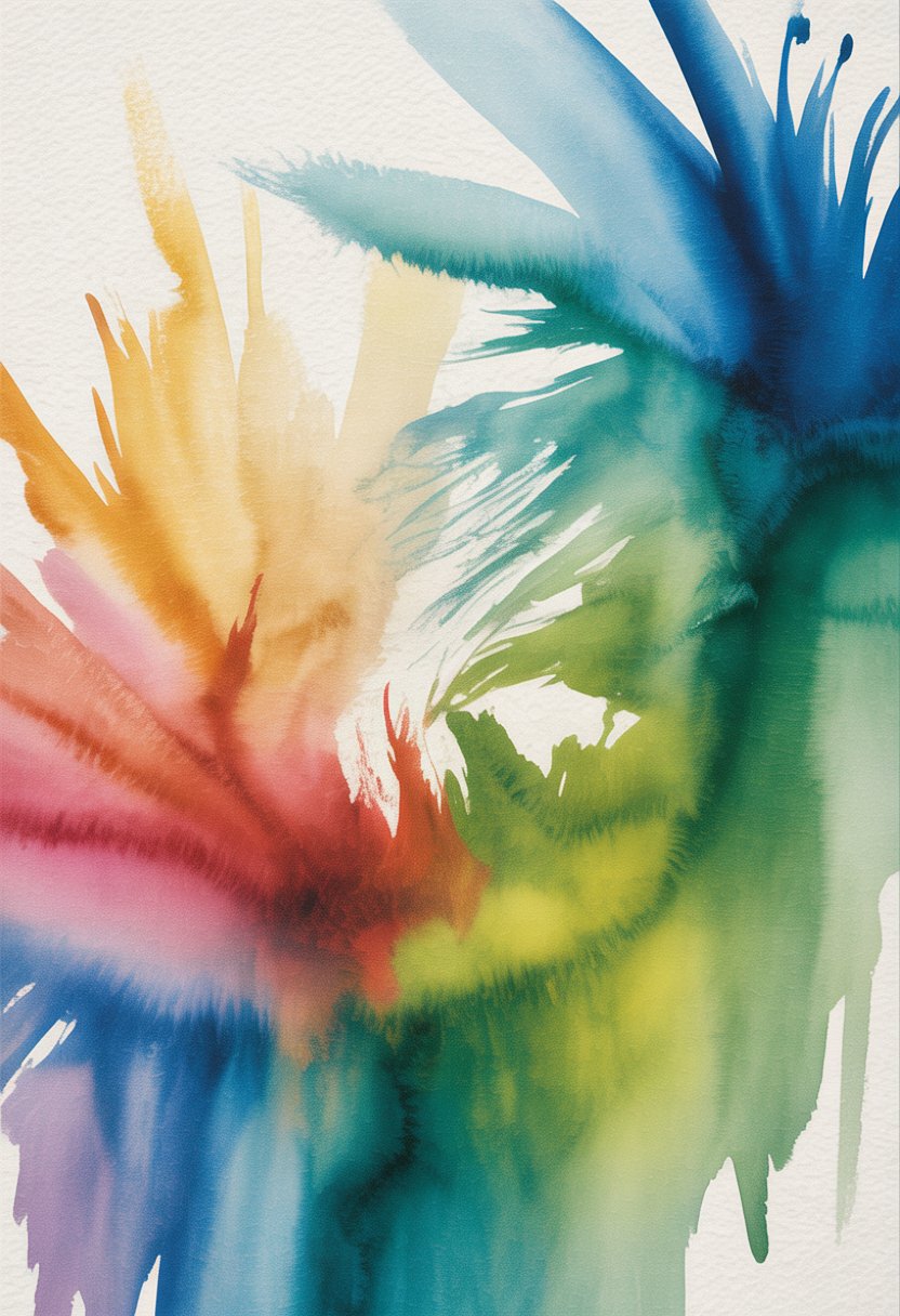 A colorful watercolor painting with flowing shapes and natural textures, showing a variety of vibrant colors blending together with light and shadow.