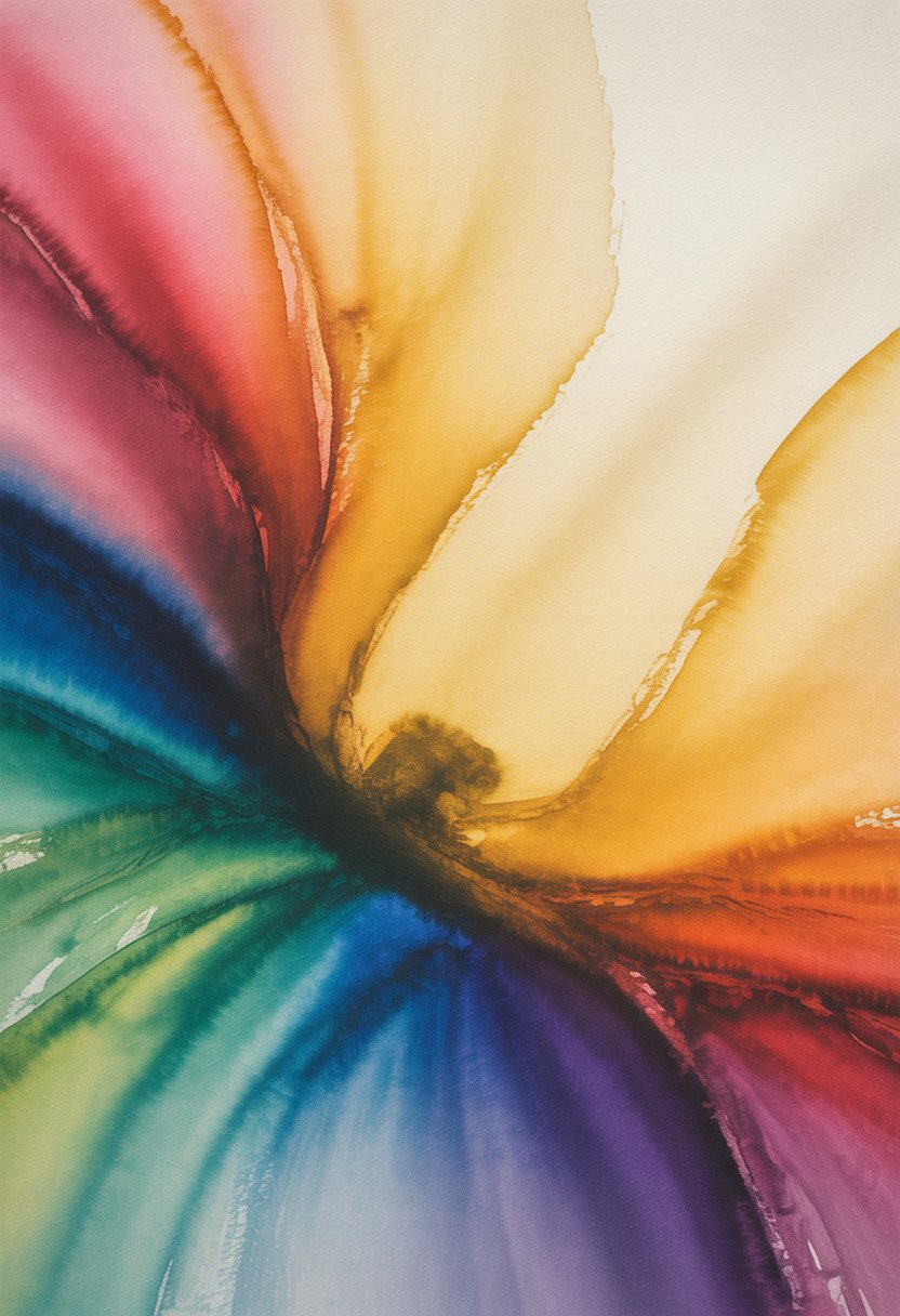 An abstract composition of colorful shapes and flowing forms blending together on textured paper.