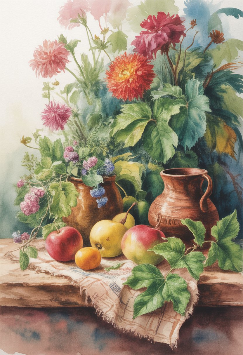 A colorful arrangement of flowers, leaves, fruits, and pottery on a natural surface.
