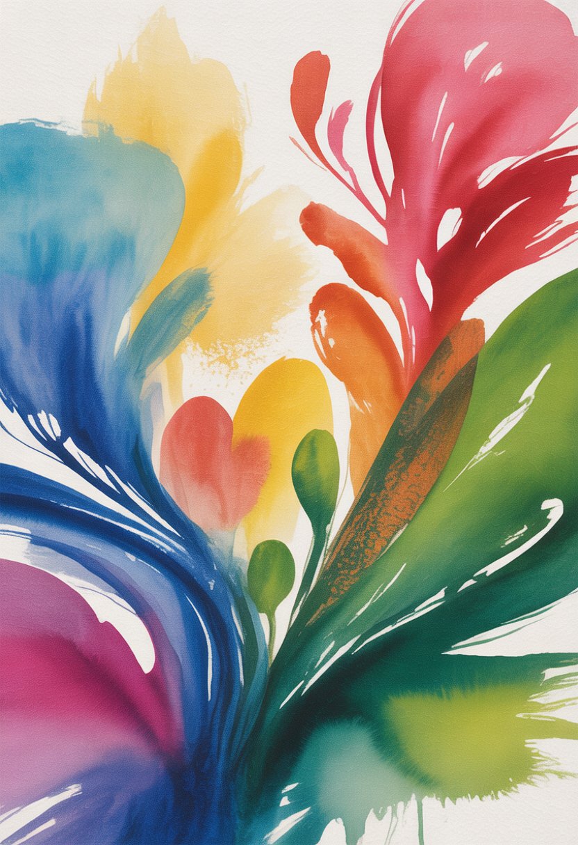 An abstract colorful painting with flowing shapes and patterns in bright blues, reds, yellows, and greens on textured paper.