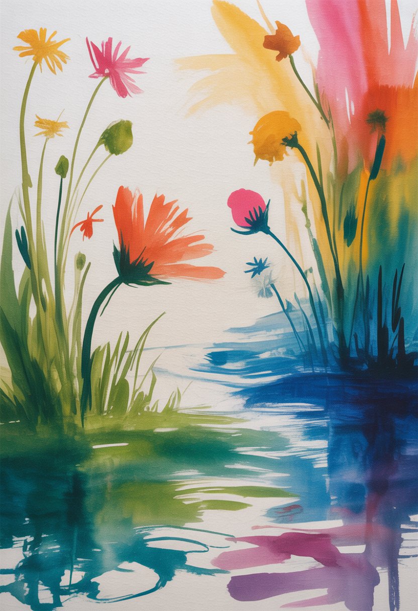 A colorful painting of blooming flowers, flowing water, and abstract shapes with vibrant colors and dynamic lighting.