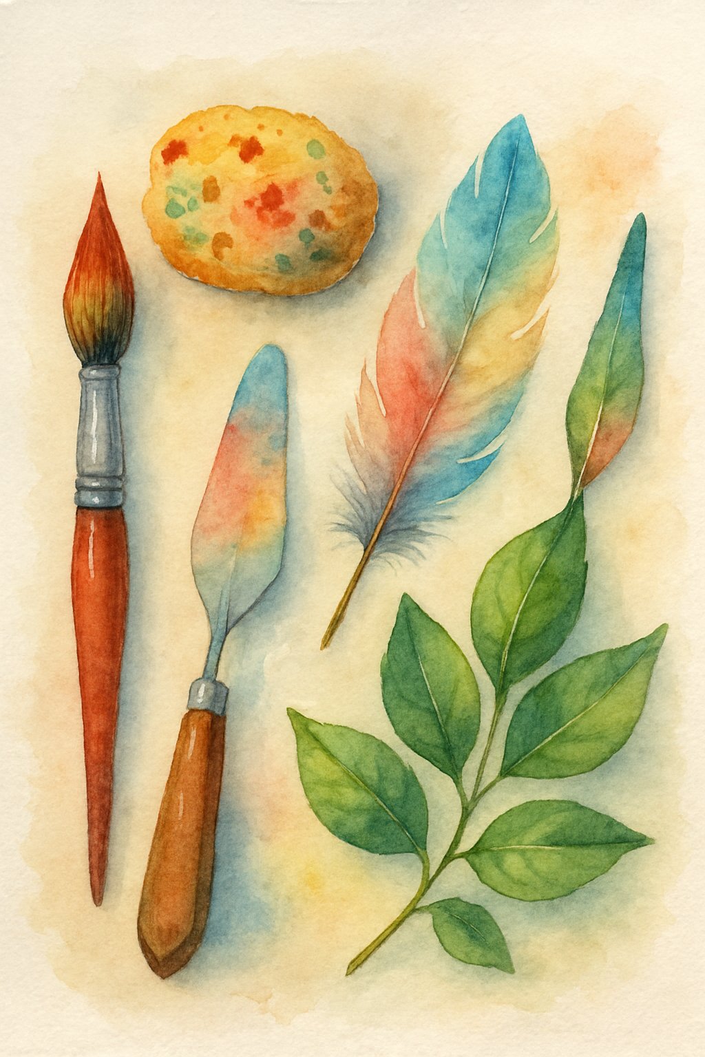 A watercolor painting showing a paintbrush, a natural sponge, a feather, a palette knife, and fresh leaves arranged together.