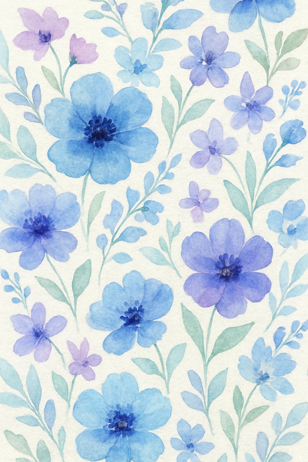 A delicate floral pattern with various flowers and leaves in cool blue, purple, and green tones.
