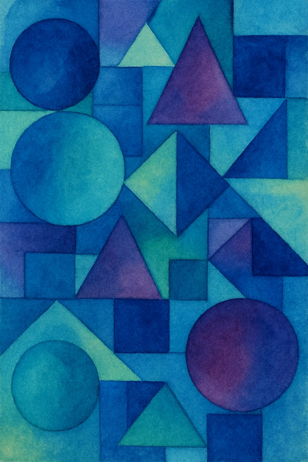 An abstract arrangement of colorful geometric shapes including circles, triangles, and rectangles in cool blue and green tones.
