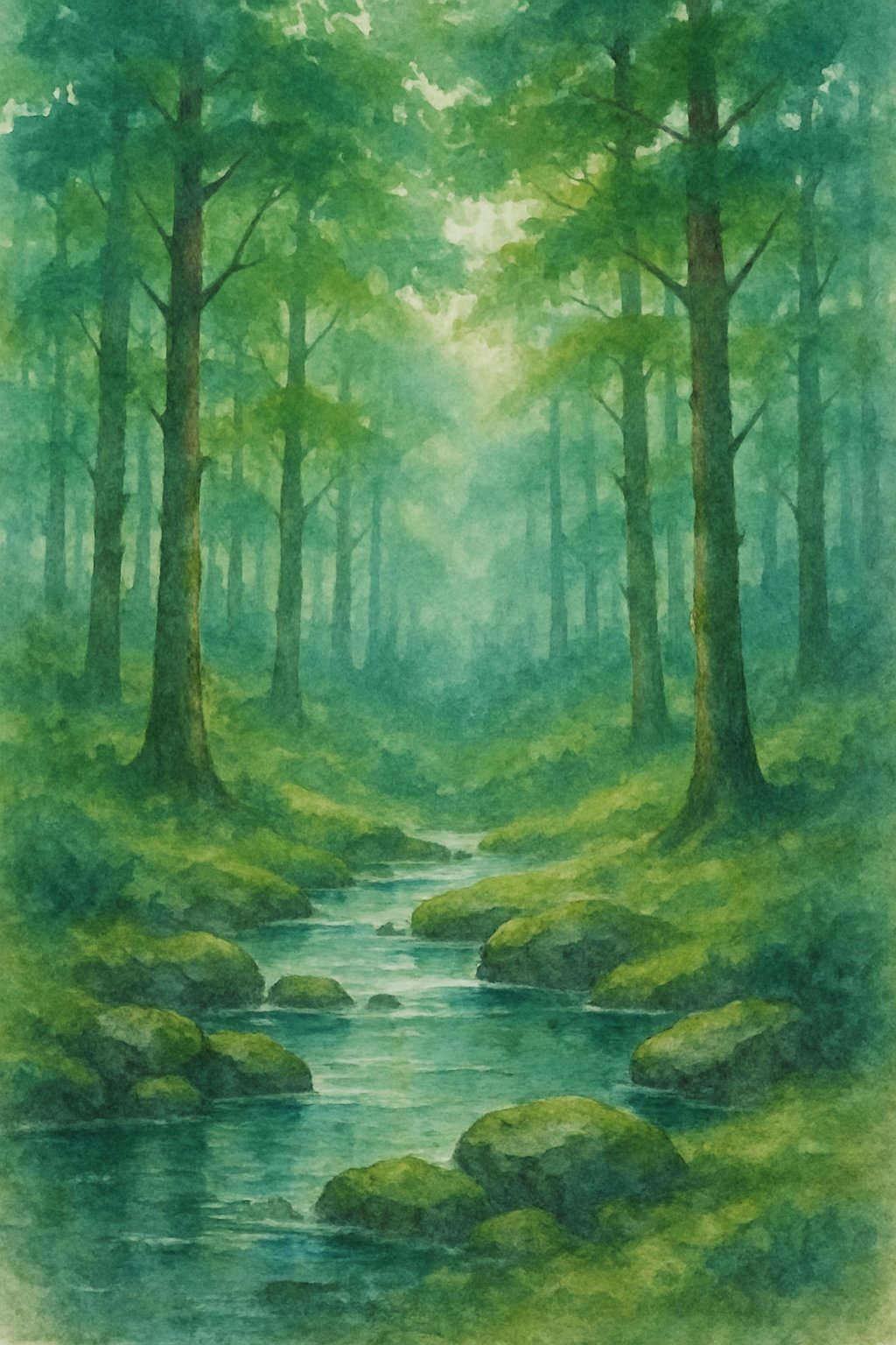 A peaceful forest with tall trees, green leaves, a gentle stream flowing over rocks, and soft sunlight filtering through the trees.