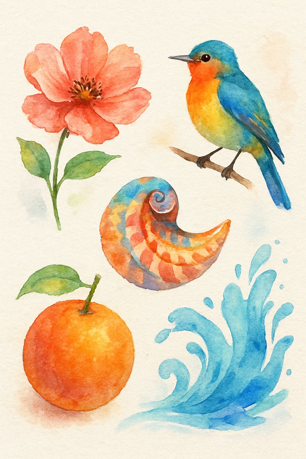 A watercolor painting showing a flower, a colorful bird on a branch, a seashell, a ripe fruit, and a splash of water arranged together.