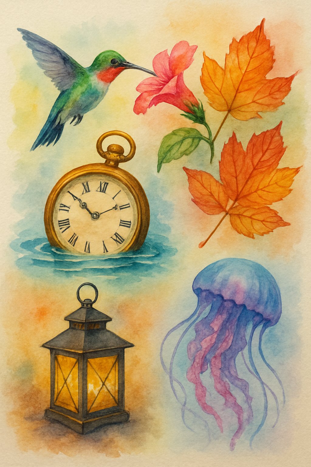 A watercolor painting showing a hummingbird near a flower, a vintage pocket watch in water, colorful autumn leaves, a glowing lantern, and a floating jellyfish.