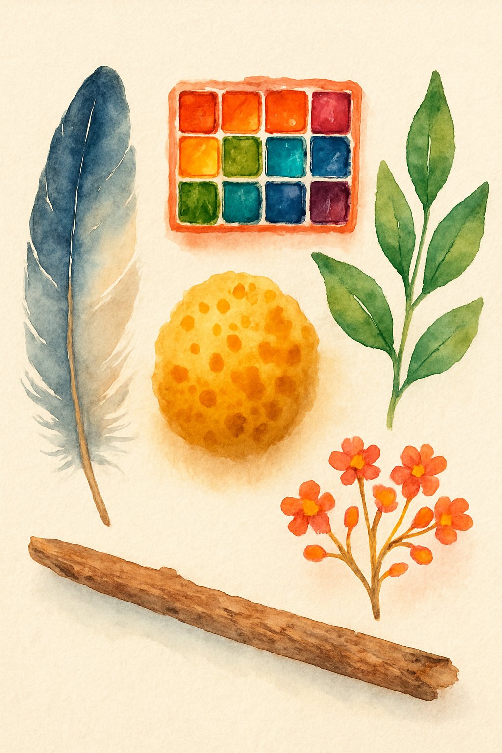 Five natural objects including a feather, leafy branch, sponge, small flowers, and wooden stick arranged together.