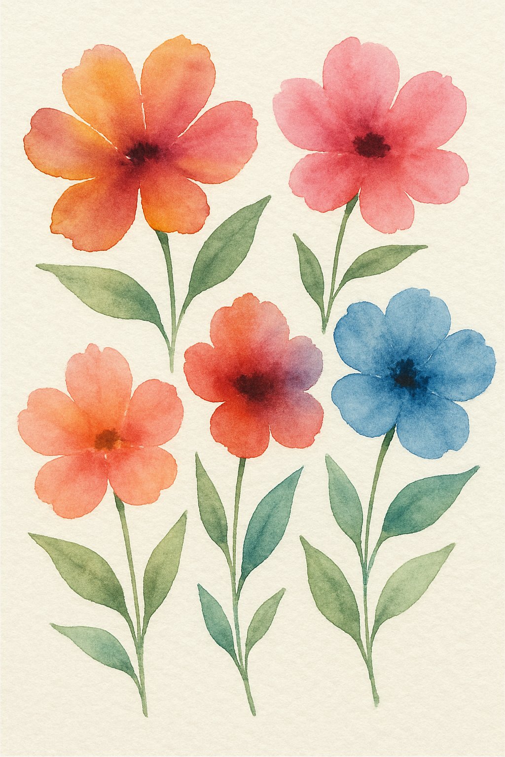 A close-up view of five colorful flowers with soft petals and leaves arranged together.
