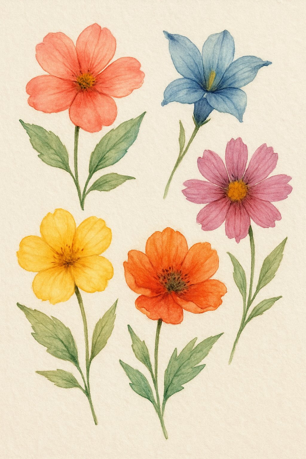 Five detailed flowers with vibrant colors and soft edges on textured paper.