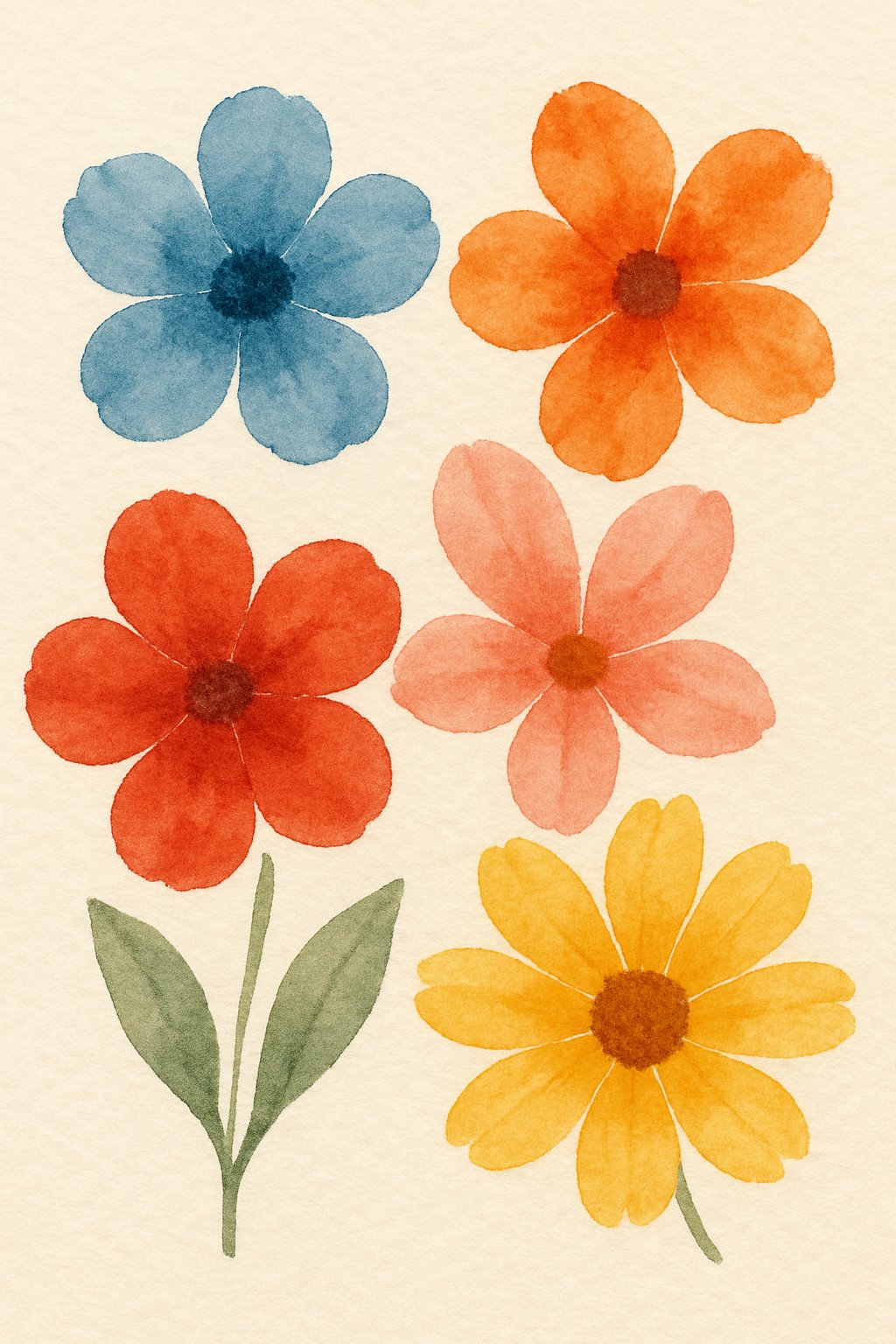 Five colorful flowers arranged together with soft edges and natural textures on paper.