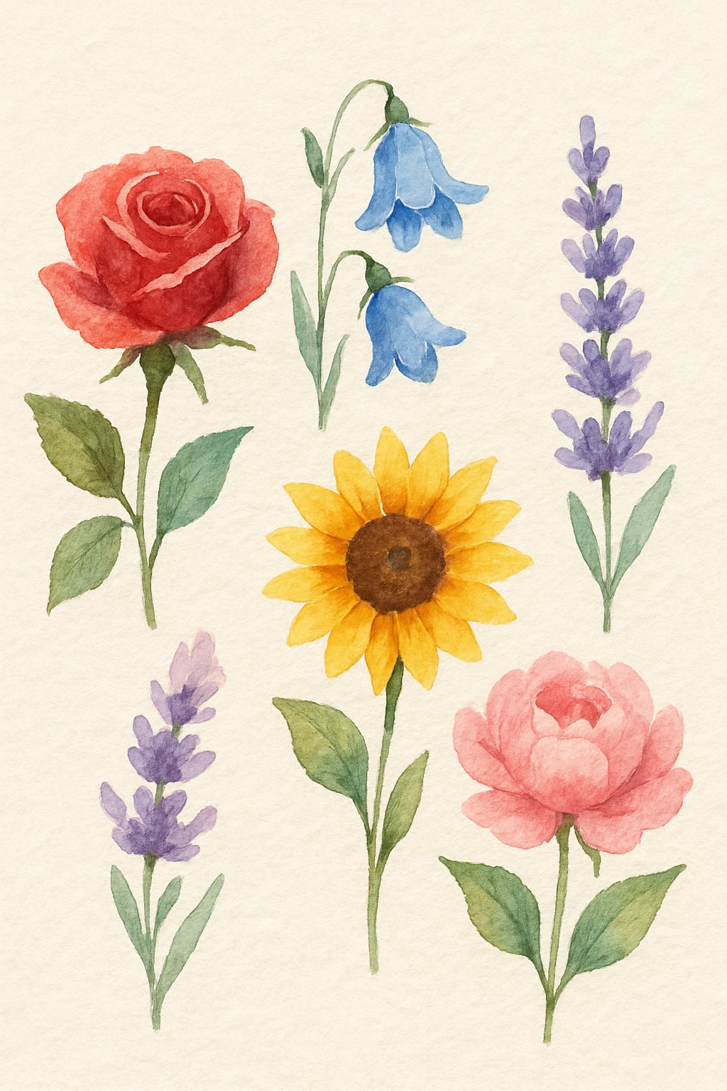 A watercolor painting of five colorful flowers including a rose, bluebell, sunflower, lavender, and peony arranged together.