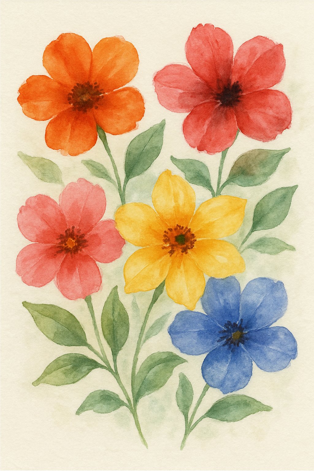 Five colorful flowers arranged together on watercolor paper.