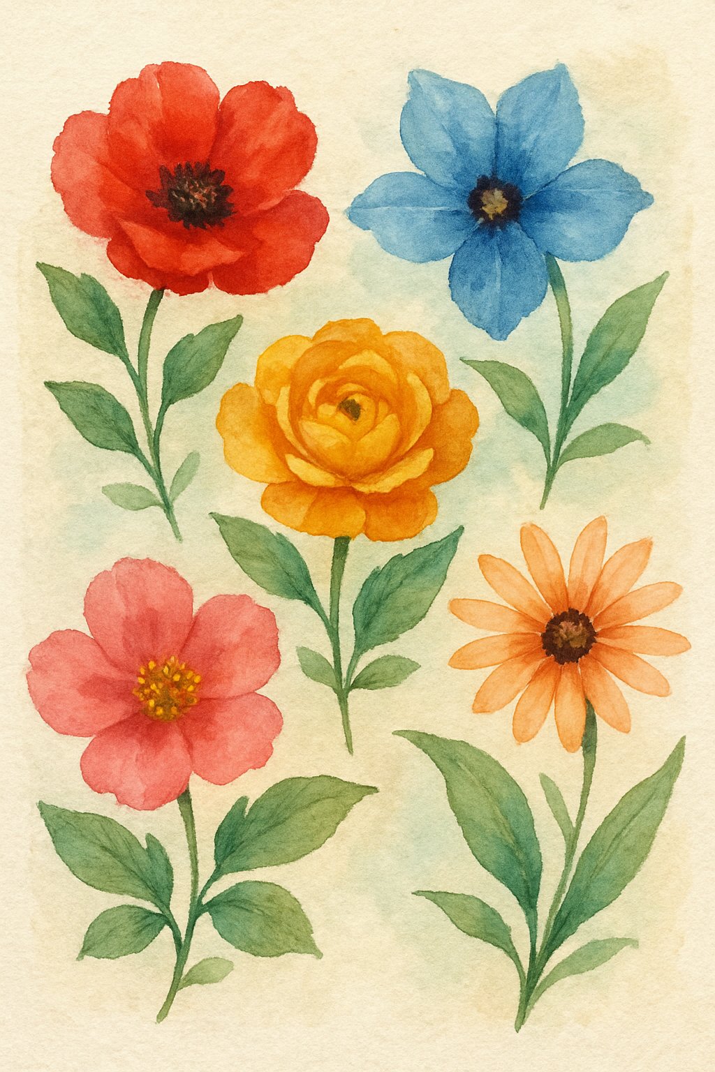 A watercolor painting of five different flowers with colorful petals and green leaves arranged together.