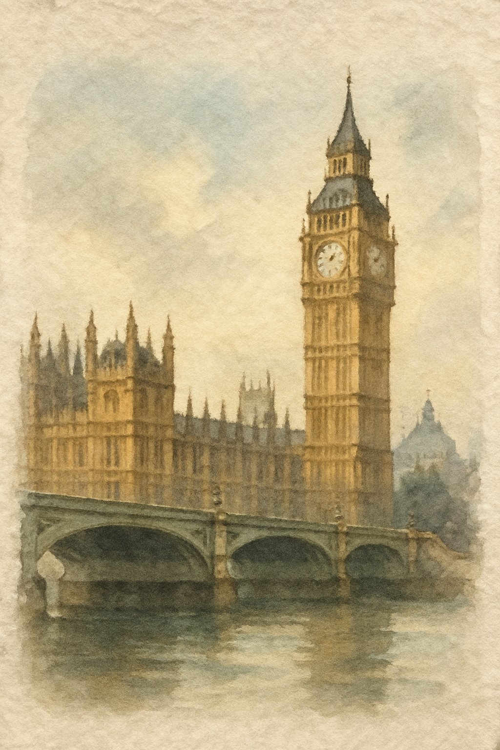 A small painting showing London landmarks including the Houses of Parliament and Big Ben under bright light.