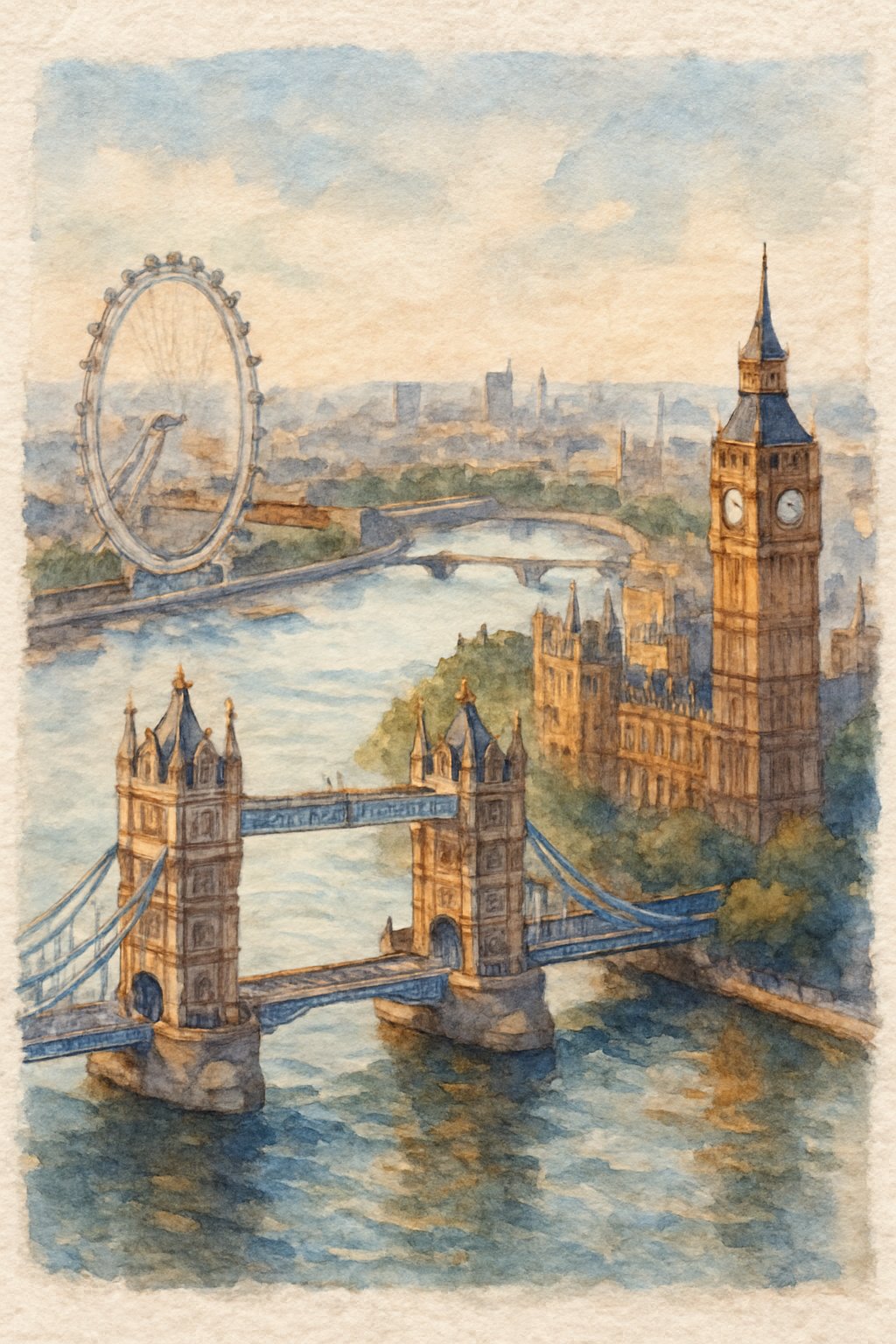 A view of London showing the Tower Bridge, the London Eye, and the Houses of Parliament along the river.