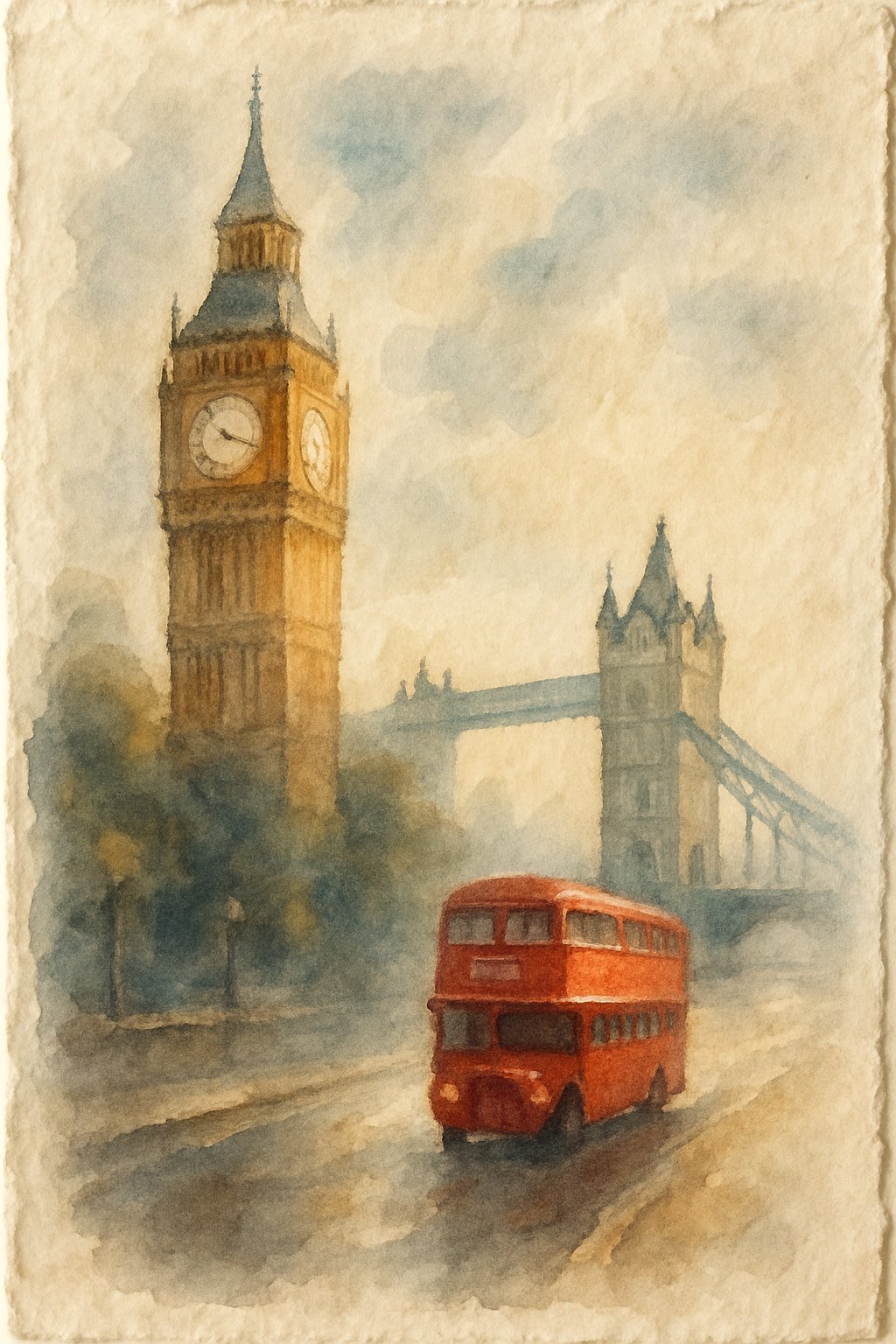 A small, detailed painting of a peaceful London scene with soft colors and gentle lighting.