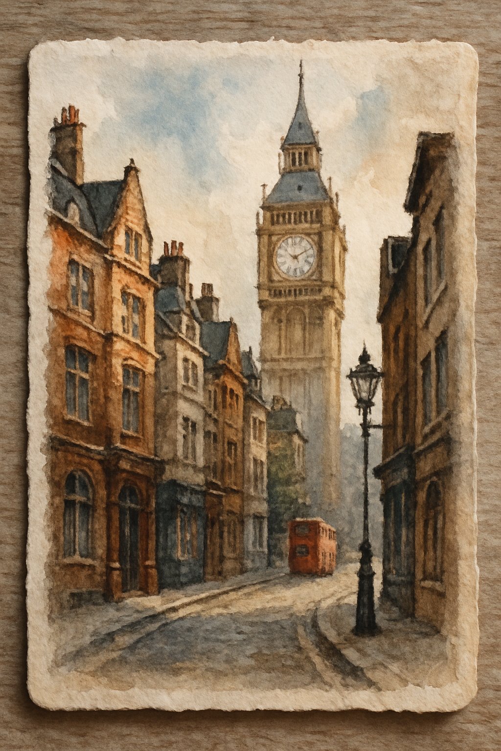 A small watercolor painting of a London street with buildings and narrow pathways under bright lighting.