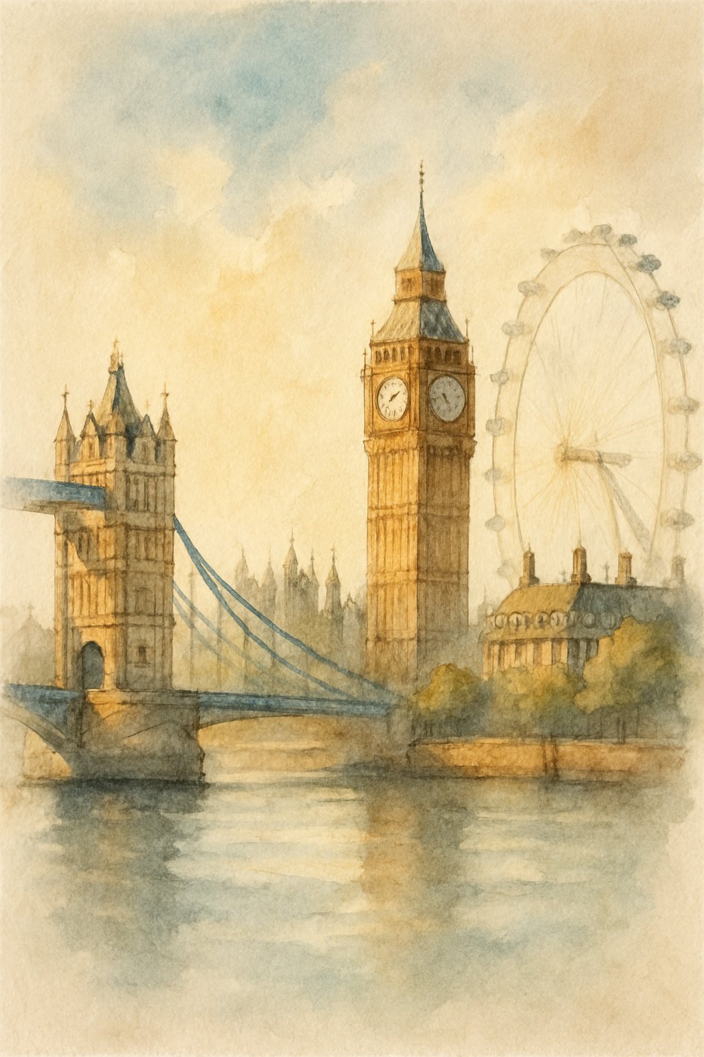 A watercolor painting depicting famous London landmarks including Tower Bridge, Big Ben, and the London Eye under bright light.