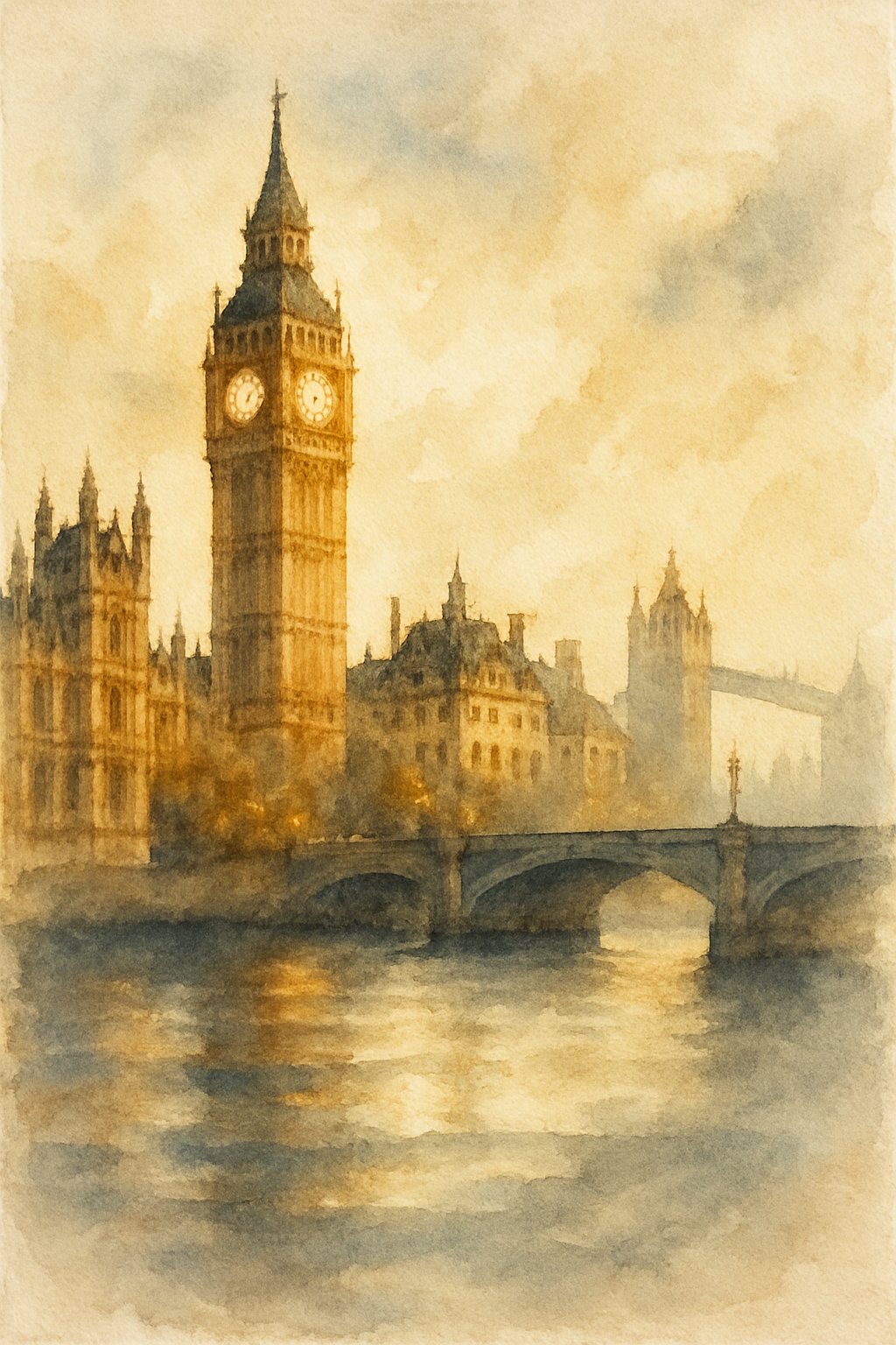 A small painting showing a view of London with historic buildings and a river under bright and shadowed light.