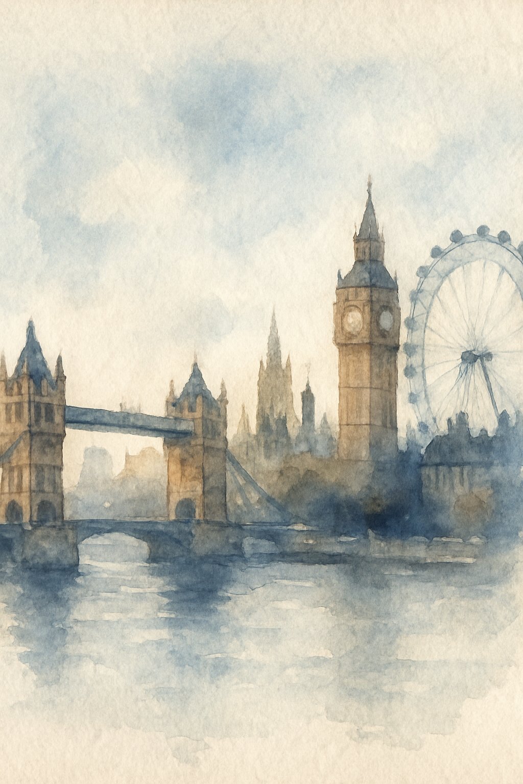 A small painting depicting a view of London landmarks including a bridge and a Ferris wheel under soft light.