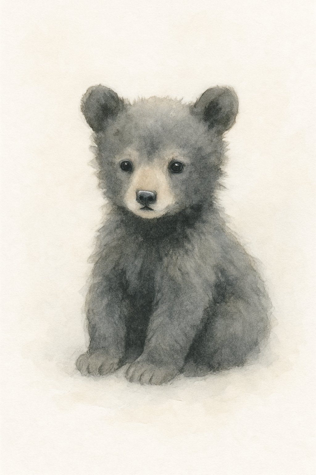 A black bear cub standing alone against a light background.