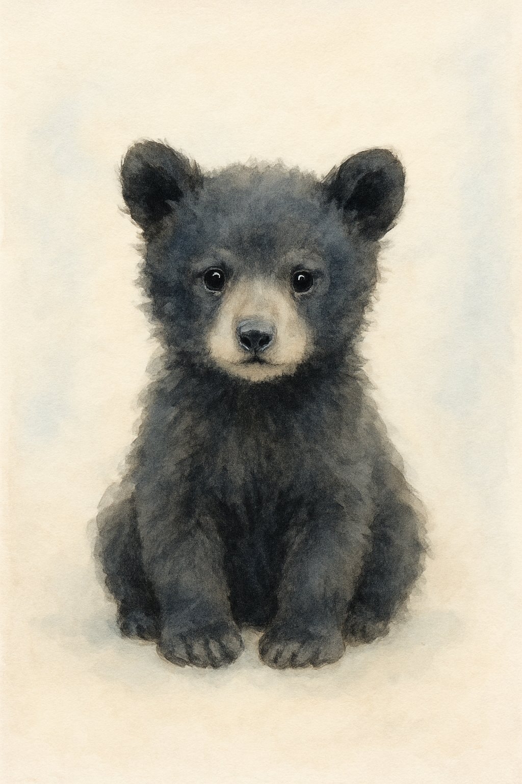 A young black bear cub sitting calmly against a light background.