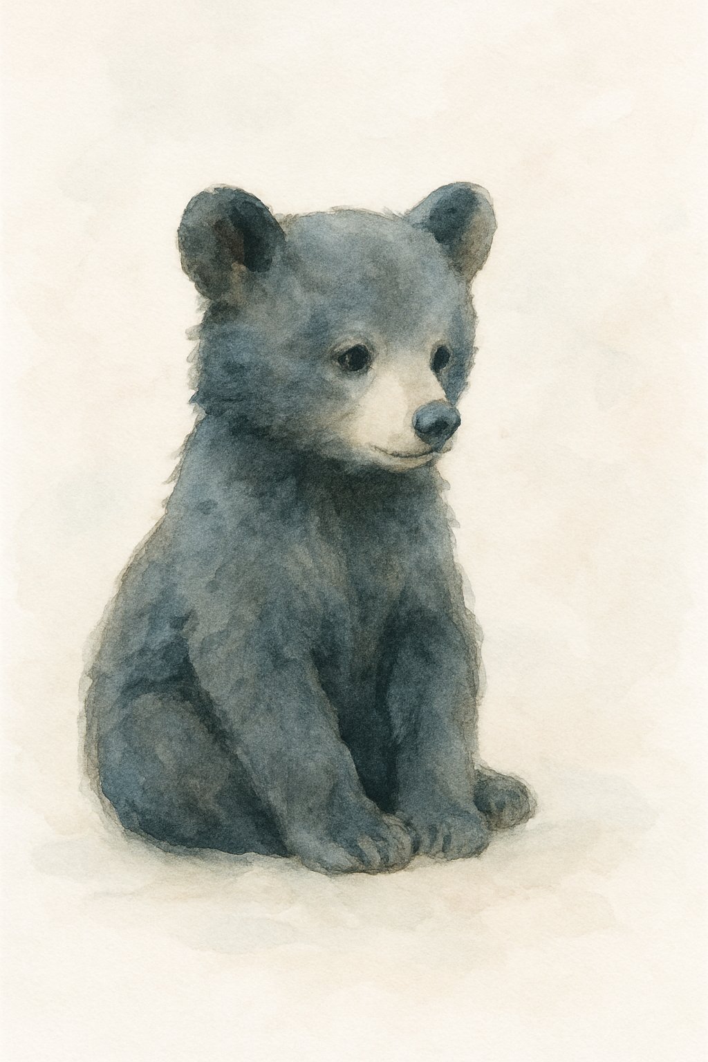 A black bear cub sitting calmly against a light background.