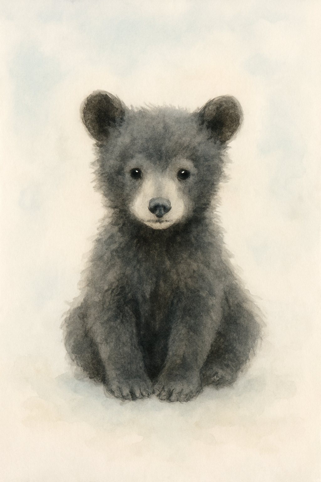 A young black bear cub sitting calmly against a light, soft background.