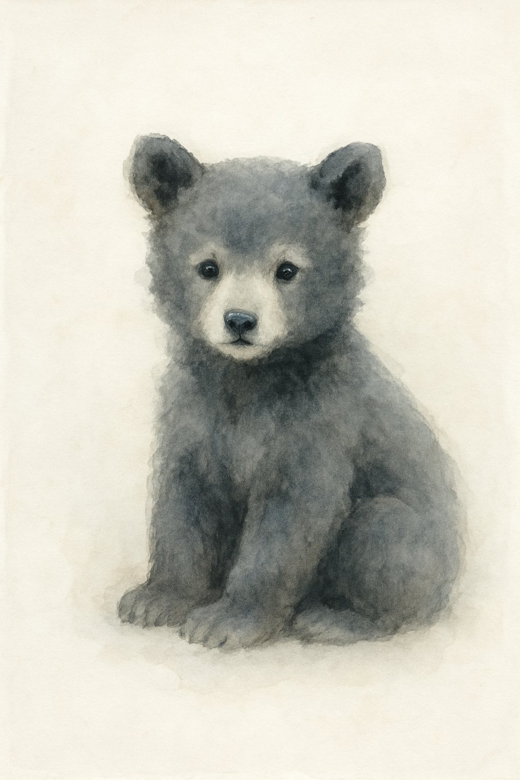 A black bear cub sitting calmly against a light background.